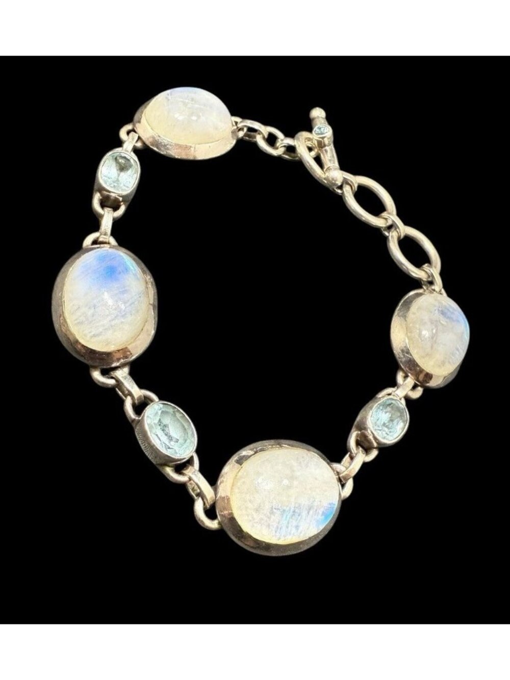 925 Sterling Silver Moonstone Blue Topaz Toggle Bracelet Adjustable 7-8”